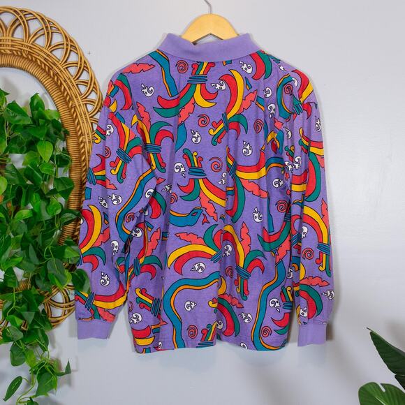90s Dimitris In The House Abstract Polo Shirt Graphic Cotton Top | Bright Spring - Picture 3 of 8